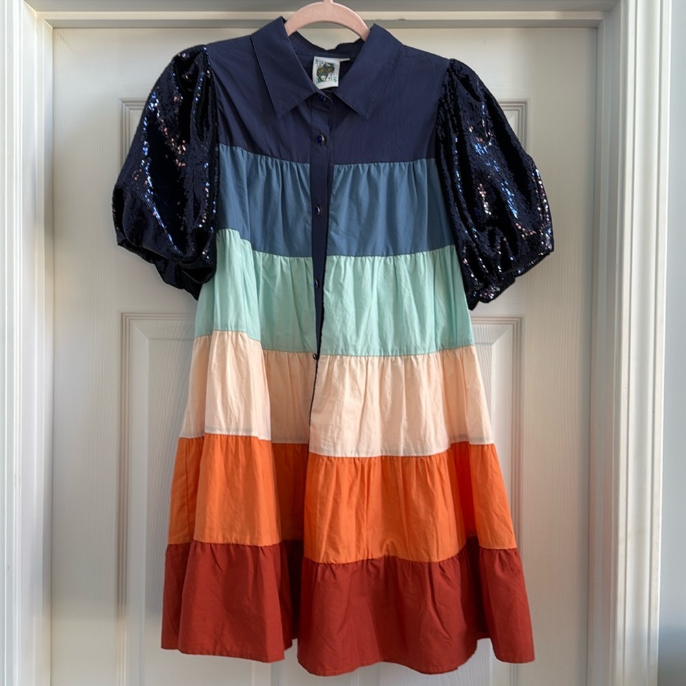 QUEEN OF SPARKLES Black and Blue Tiered Puff Sleeve Mini Dress